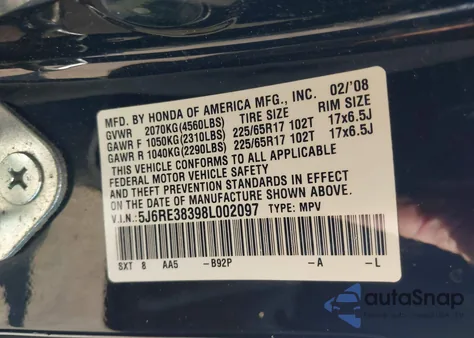 2008 Honda Cr-V Lx z USA, uszkodzony, nr VIN 5J6RE38398L002097